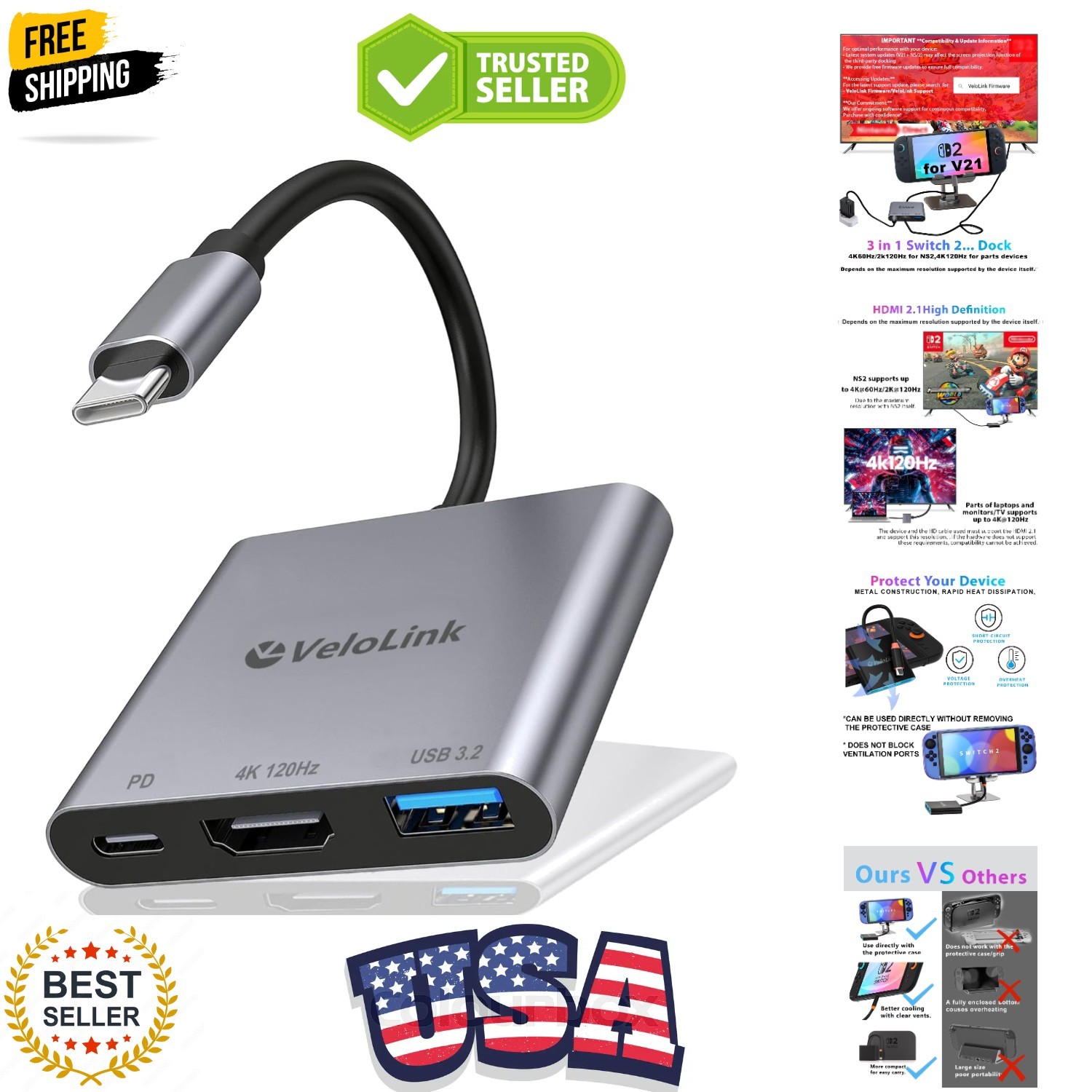 Switch 2 Dock Station with 4K HDMI2.1,USB C to HDMI Adapter for NS2&1,Switch ...