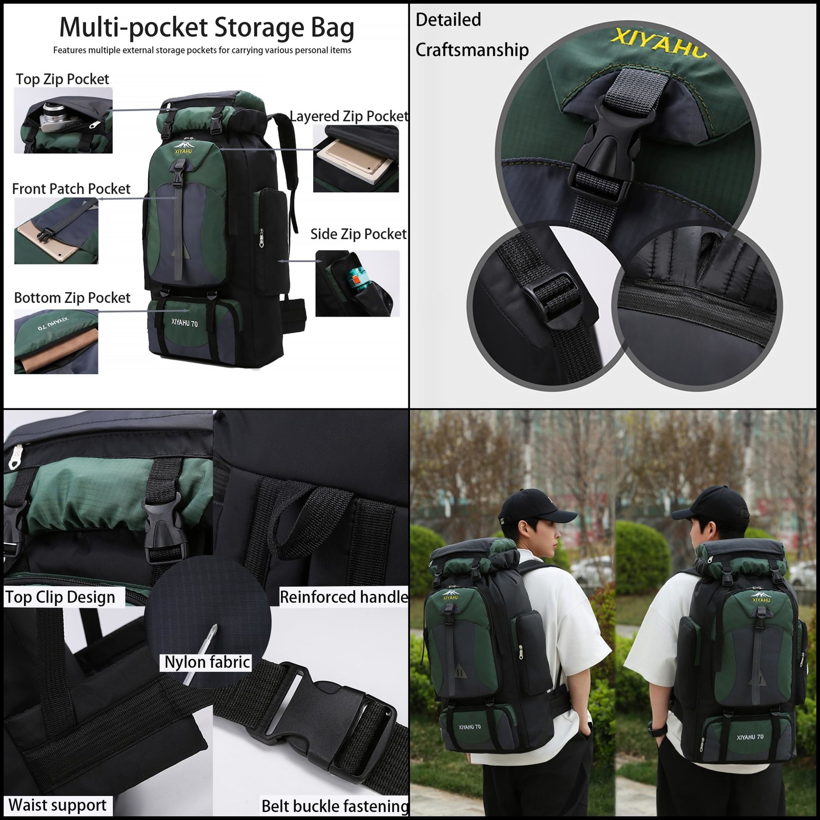 Lawaia 70L Hiking Backpack Large Camping Rucksack Travel Backpacking Bag Green