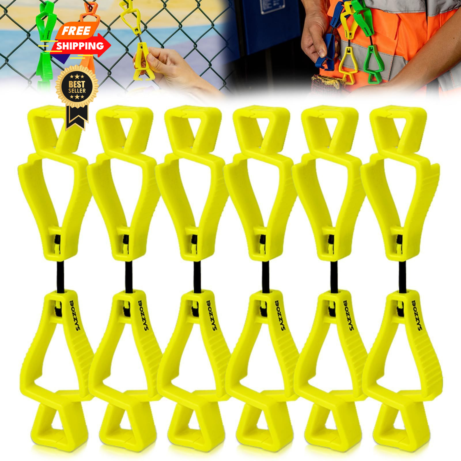 BOZZYS Yellow Glove Clips for Work Large, Double Zclip-yellow Bd-aj122-6pcs