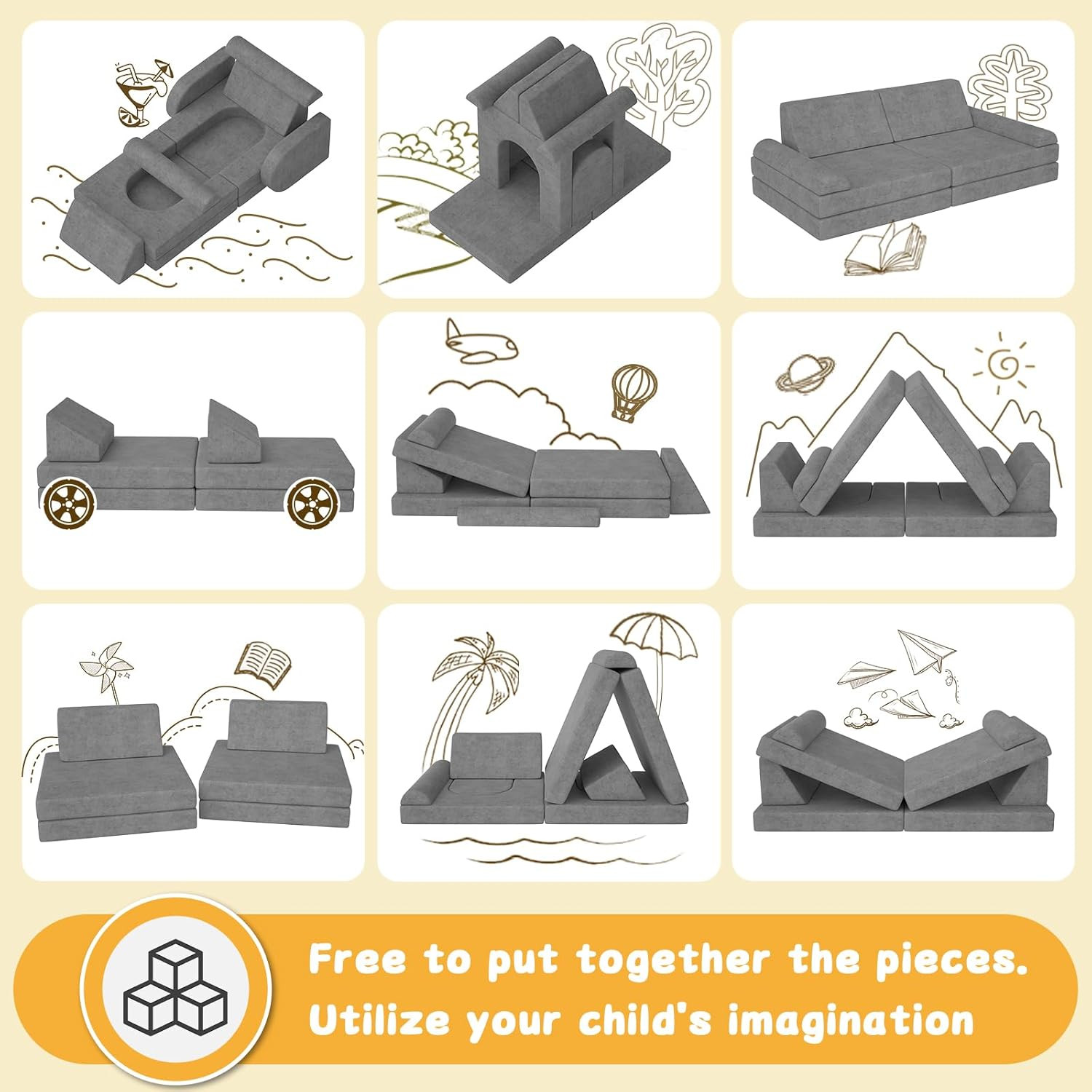 Convertible Modular Kids Play Couch - 10PCS Foam Sofa for Imaginative Fun