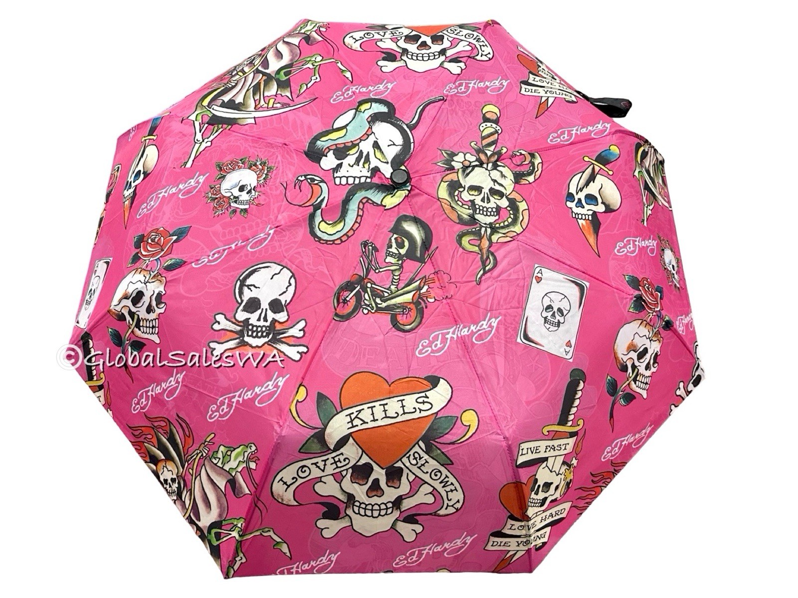 Ed Hardy Tattoo Love Kills Slowly Hot Pink Auto Open Close Compact Umbrella NWT