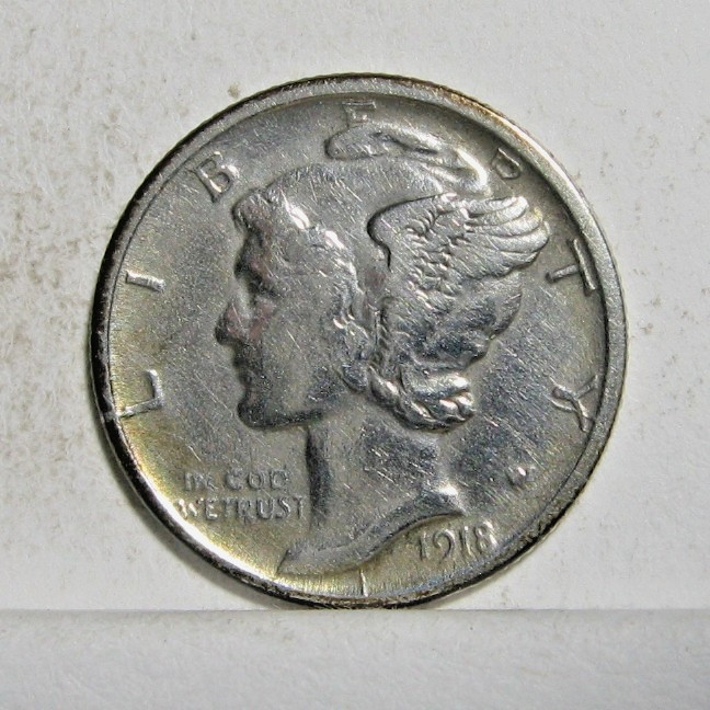 1918-D MERCURY DIME.  EF Details. Die Crack?  Combined Shipping on All Items
