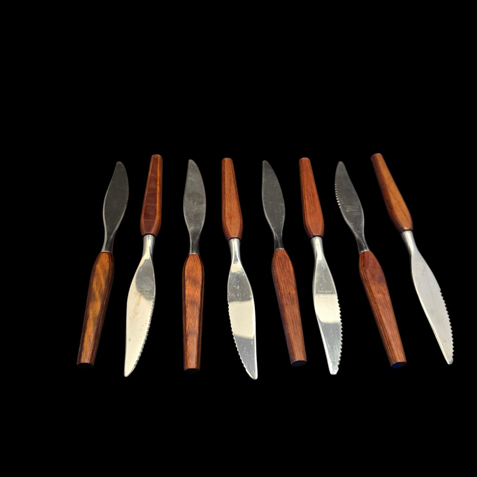 Lot of 8 MCM Vtg Fleetwood Knives Atomic Retro Stainless Wood Handle Serrated