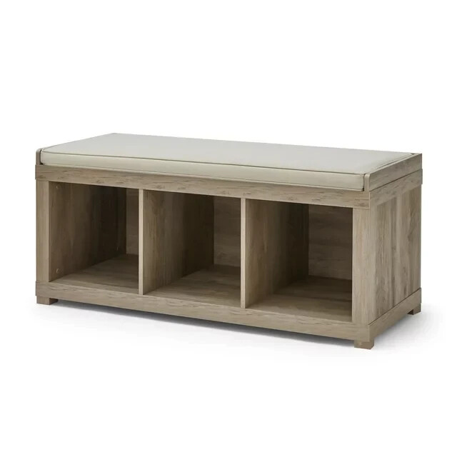 3-Cube Entryway Wood Storage Bench with Upholstered Sitting Cushion, Rustic Gray