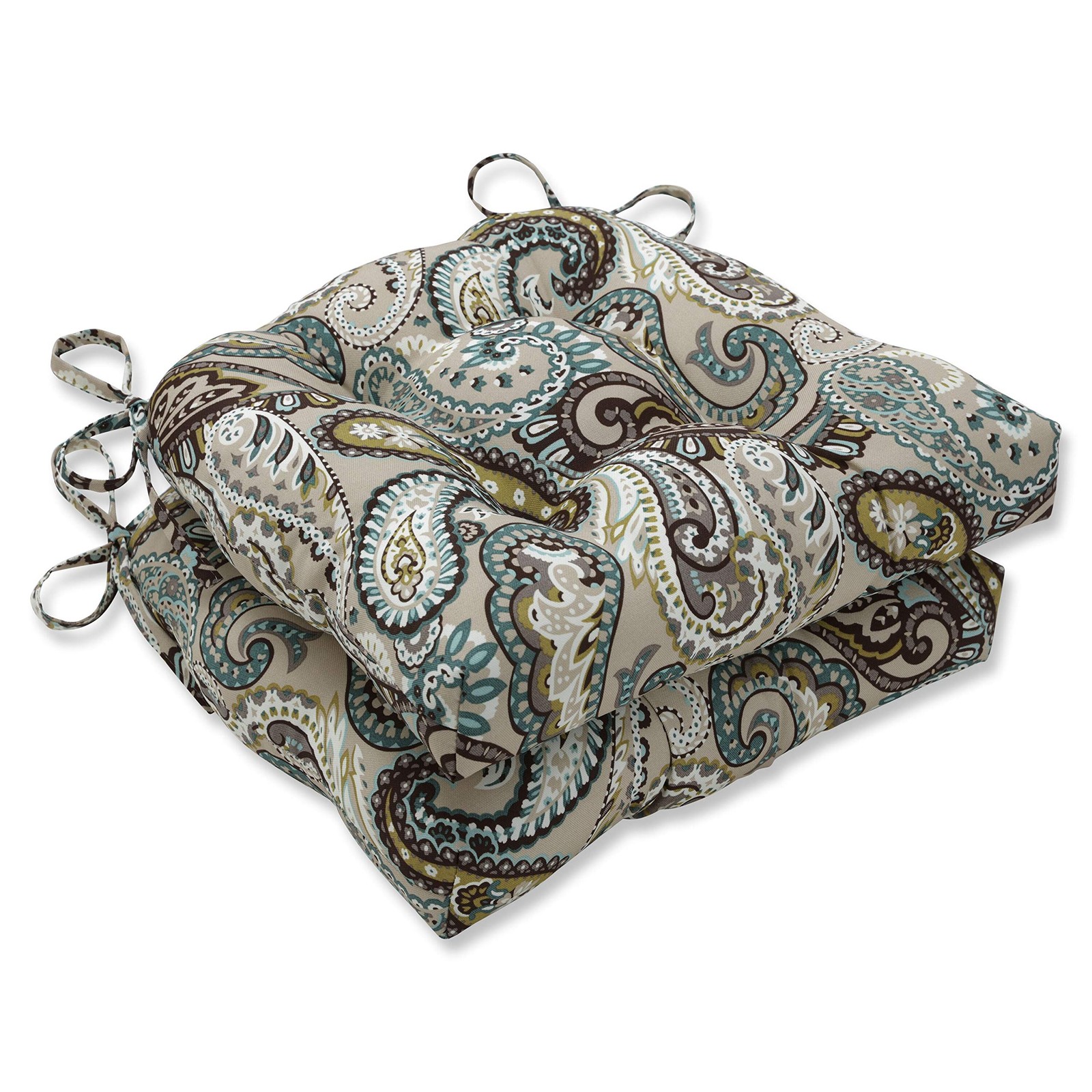 Paisley Indoor/Outdoor Chairpad with Ties, Reversible, Tufted, Weather, and F...