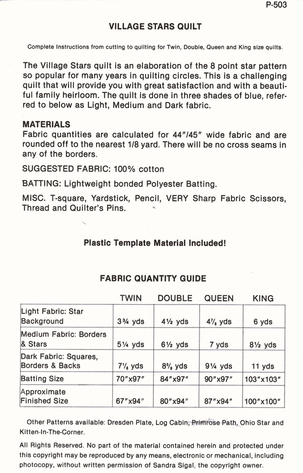 Vi11age Stars Quilt Pattern by V.I.P. Crafts