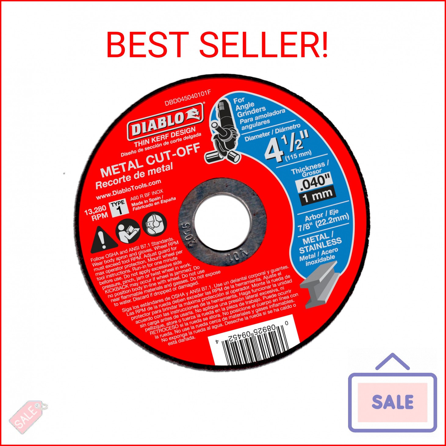 Diablo Metal Cut-Off Disc - Superior Performance - 4-1/2" Diameter, 7/8" Arbor,