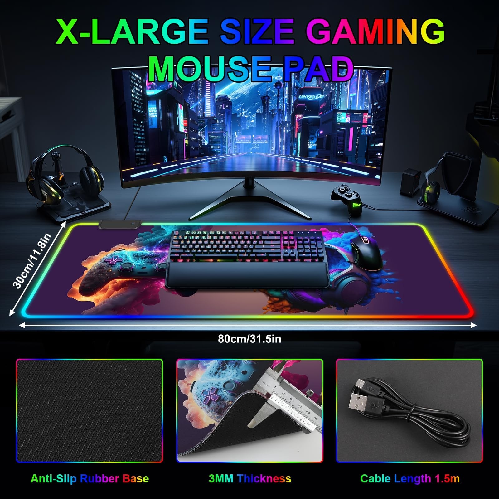 RGB Gaming Mouse Pad, Large Mousepad with LED Light 13 Light Modes Touch Cont...