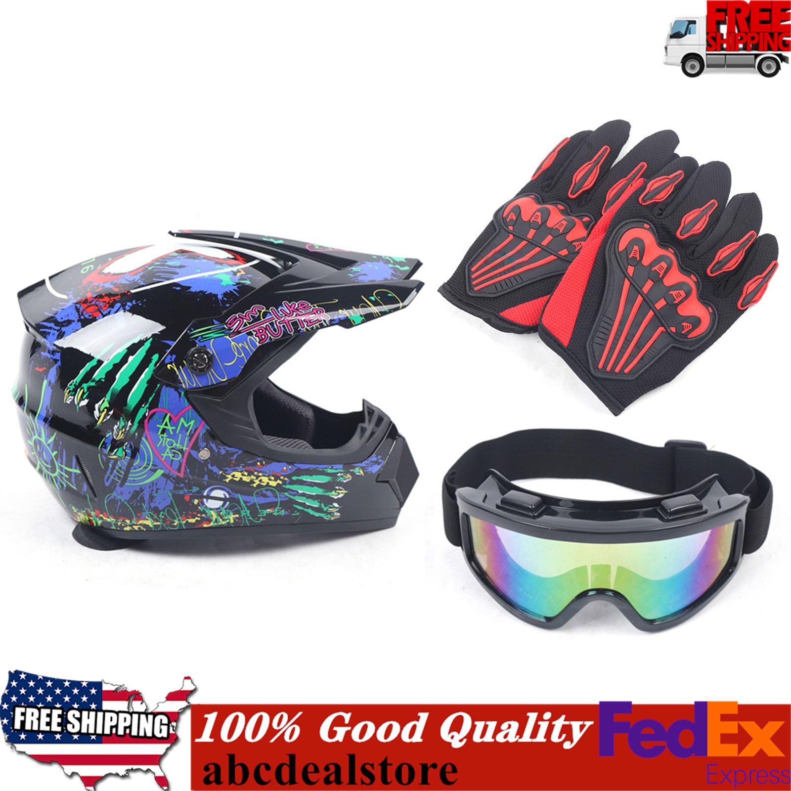 DOT Motorcycle Adult Helmet Goggles Gloves Motocross MX ATV Dirt Bike Off Road