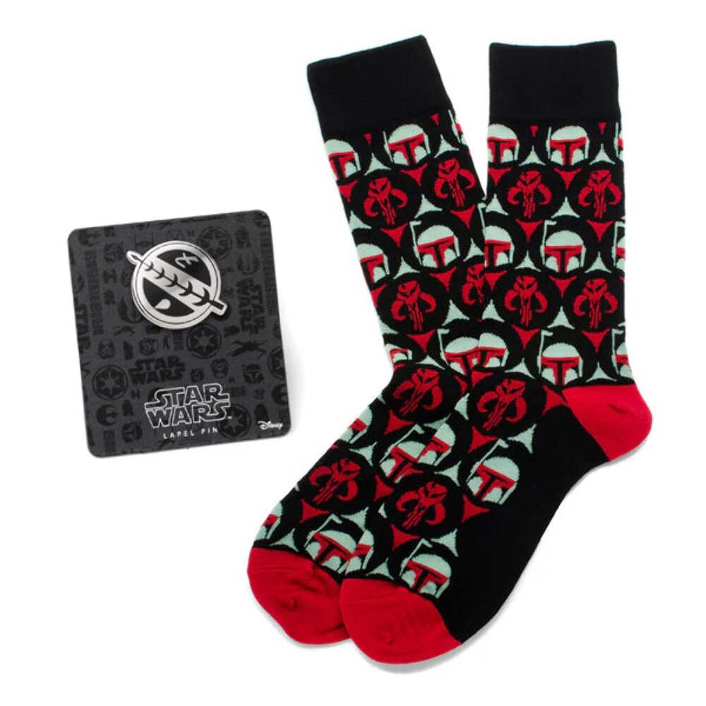 Star Wars Boba Fett and Mythosaur Black and Red Dress Socks and Crest Lapel Pin