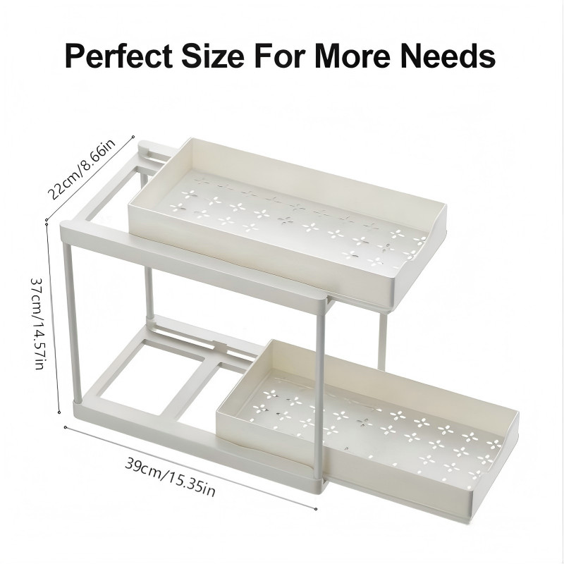 2Pcs White 2-Tier Pull Out Storage Shelf Kitchen Bathroom Counter Organizer