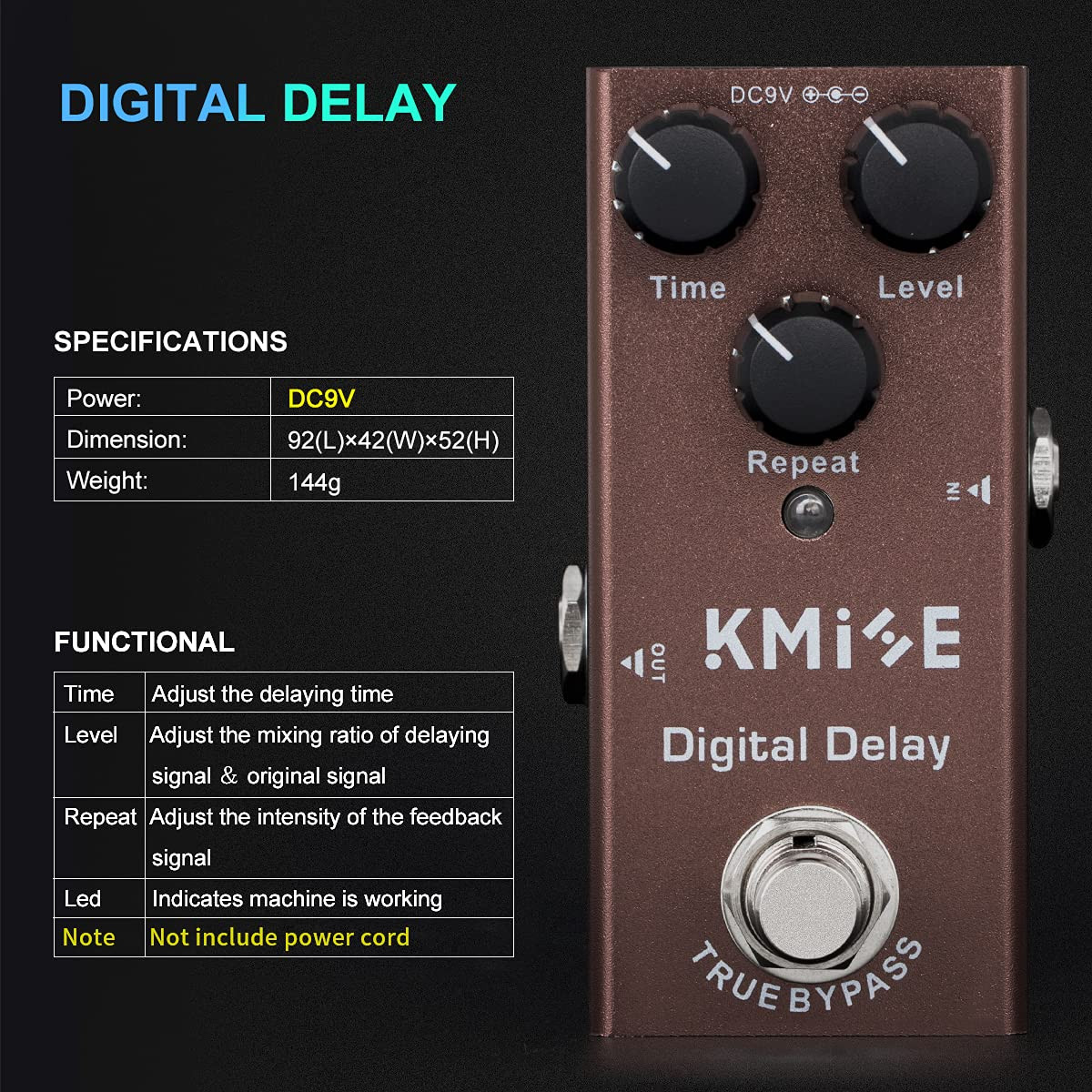Kmise Digital Delay Electric Guitar Effects Pedal Mini Single Type DC 9V True By