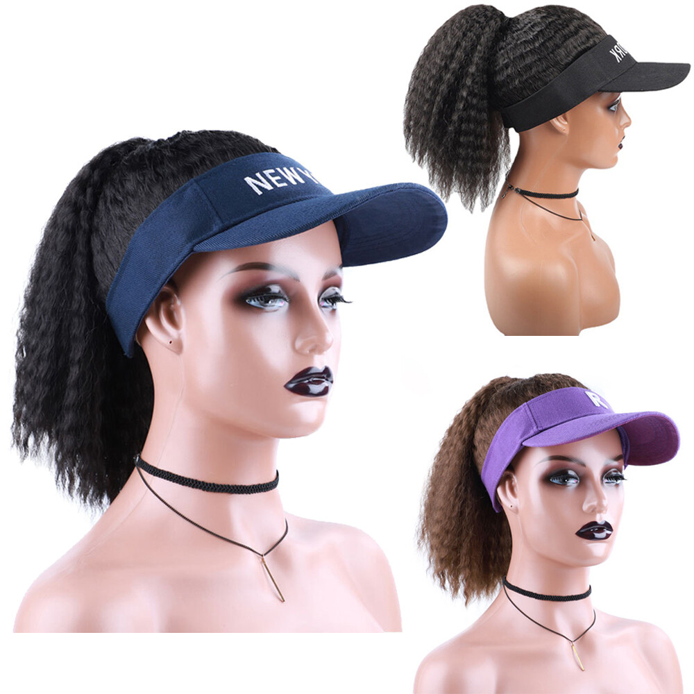 Women Girls Baseball Caps with Yaki Straight Hair Wigs Hat Golfing Hat Ponytails