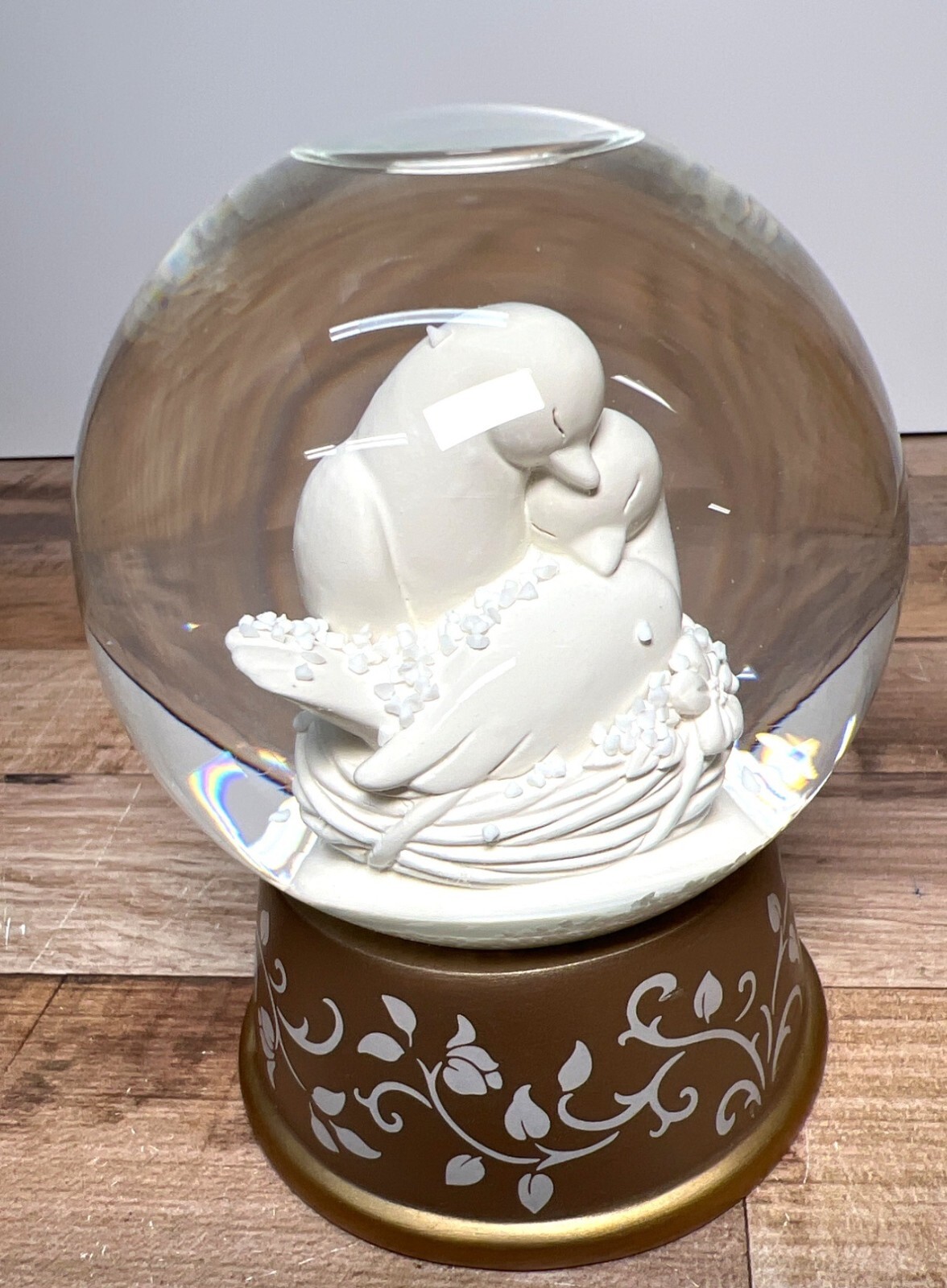 Hallmark Lovebirds Snow Globe With Gold Base & White Floral Design