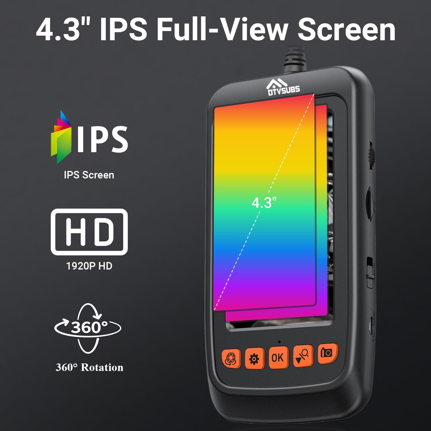 Endoscope Camera with Light, 4.3" IPS Screen Inspection Borescope Camera