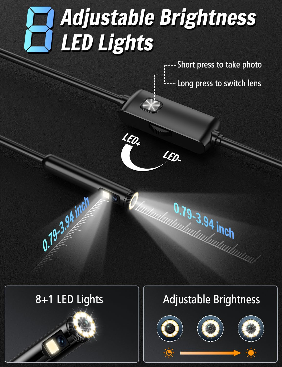 Dual Lens Endoscope Camera with Light, 1920P HD Borescope with 8 Adjustable L...