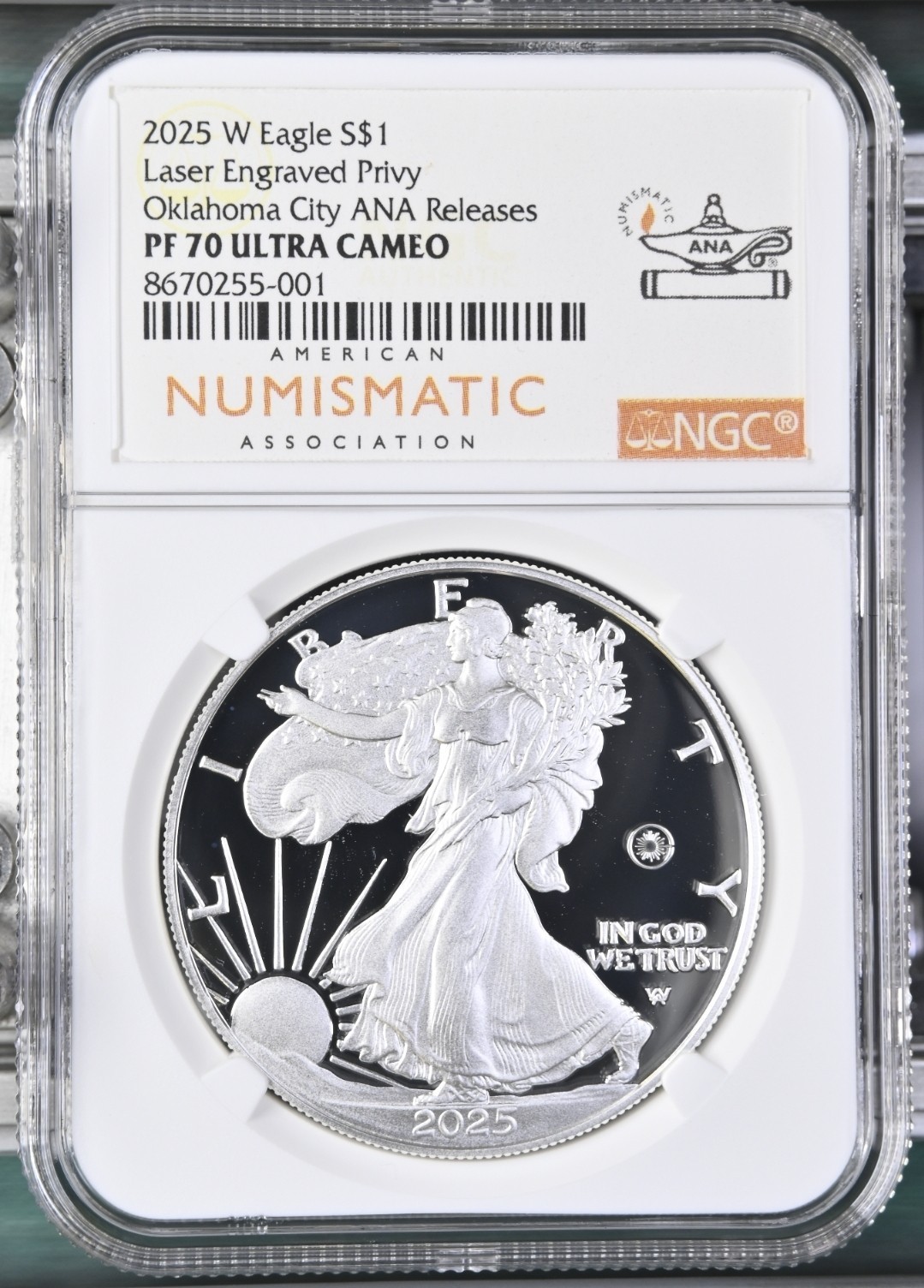 2025-W Proof $1 Laser Beam Engraved  Privy Mark Silver Eagle NGC PF70 ANA SHOW %