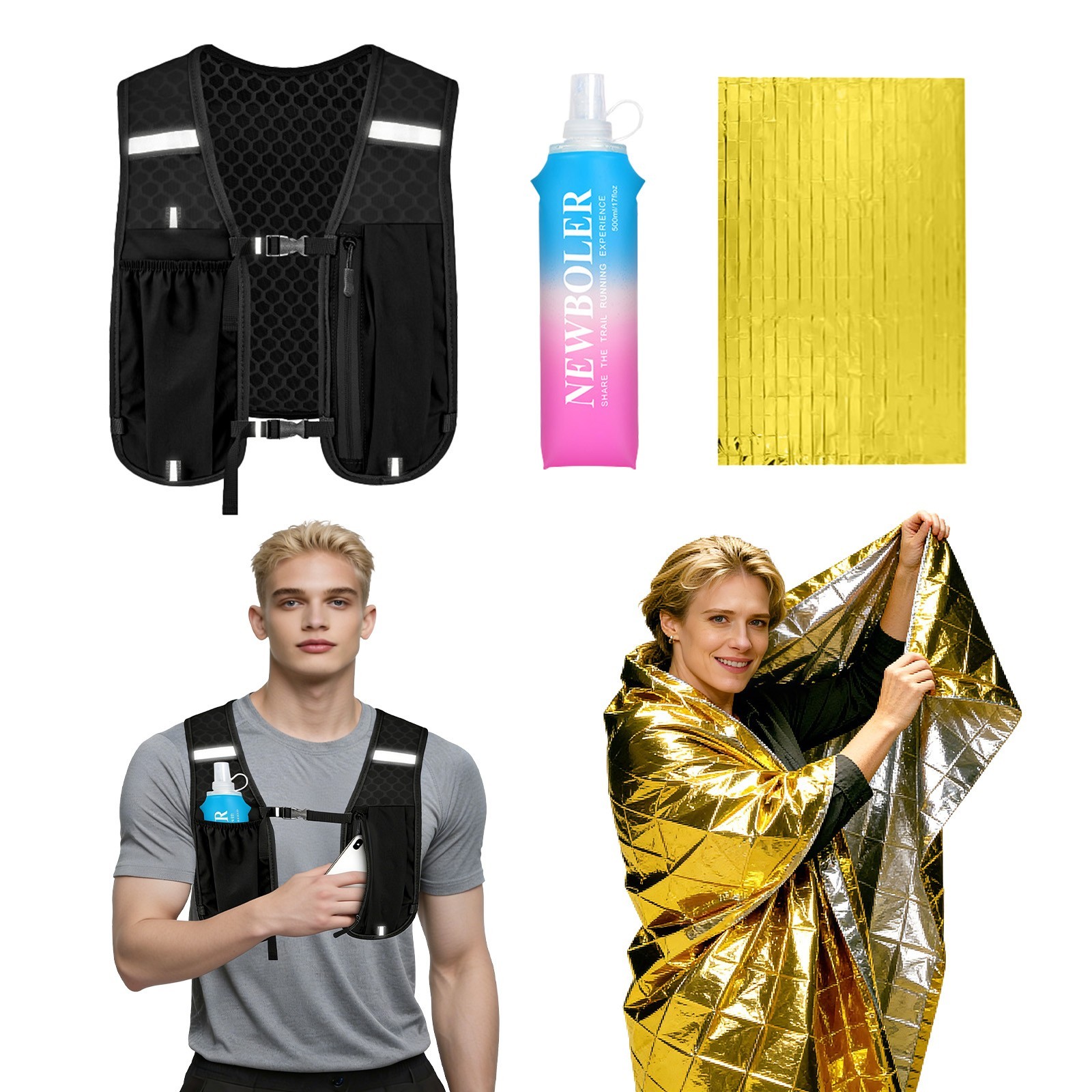 Running Hydration Vest Backpack 500ml Soft Flask Emergency Blanket Reflective