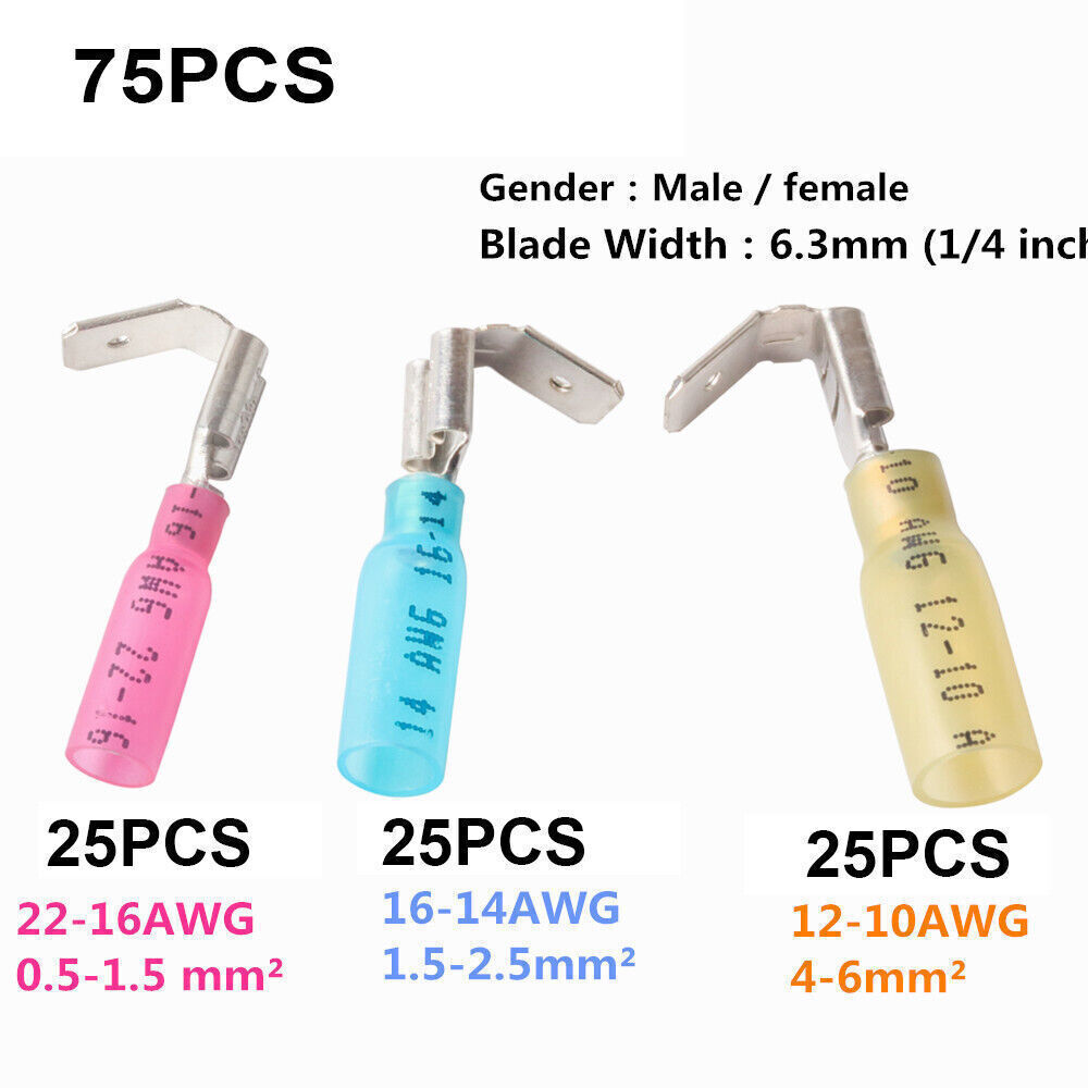 75/150pcs 3 Way 22-10AWG Wire Connectors Heat Shrink Piggyback Spade Terminals