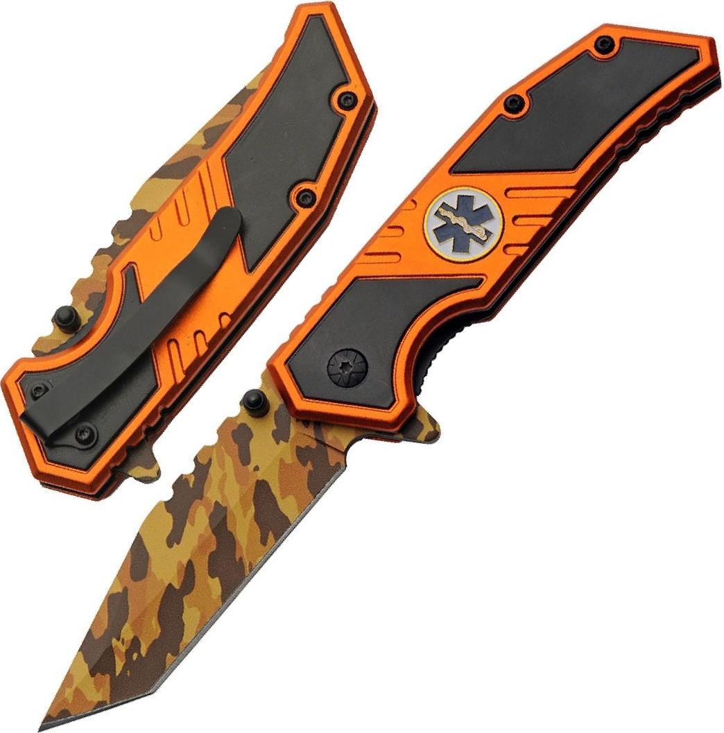 Spring-Assist Pocket Knife | 3.5in Orange Camo Tanto Blade EMS First Responder