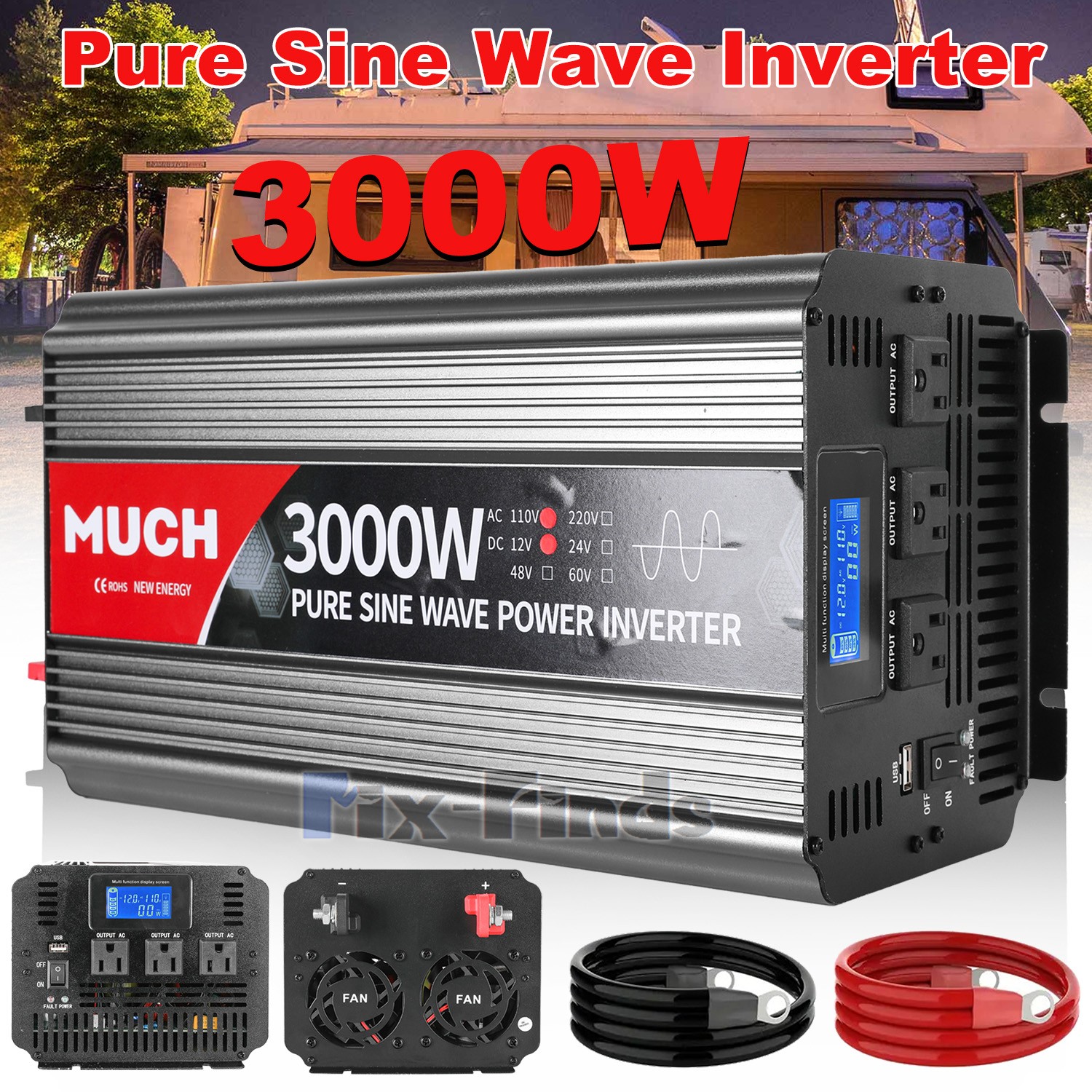 Pure Sine Wave Inverter Power Inverter 3000W DC12V to AC110/120V LCD For RV Boat