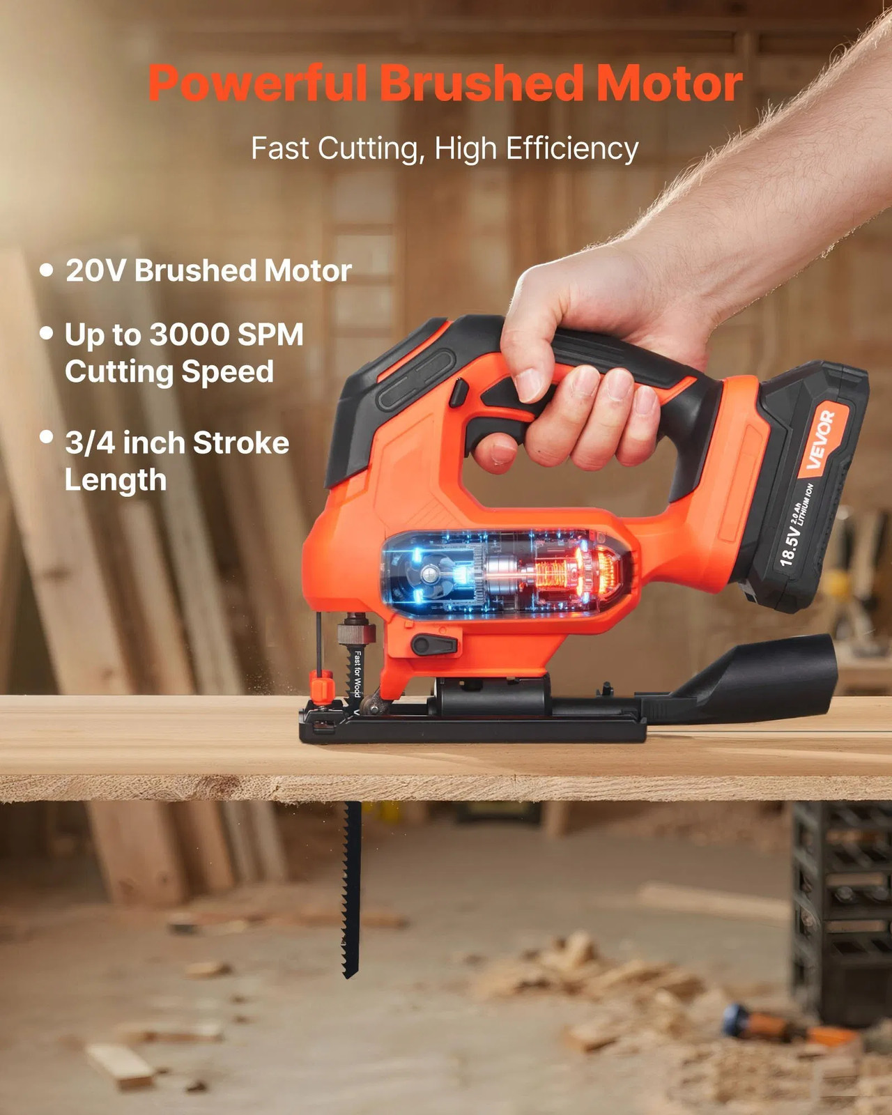 Cordless Jig Saw, 20 V, 3000 SPM Blade Speed, Cordless Jigsaw with Battery and C