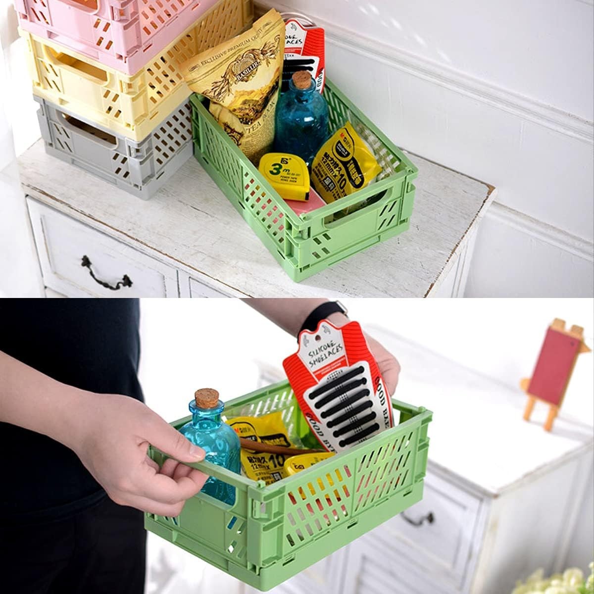 Space-Saving 4 Pack Plastic Folding Crates - Versatile Storage Baskets in Pastel