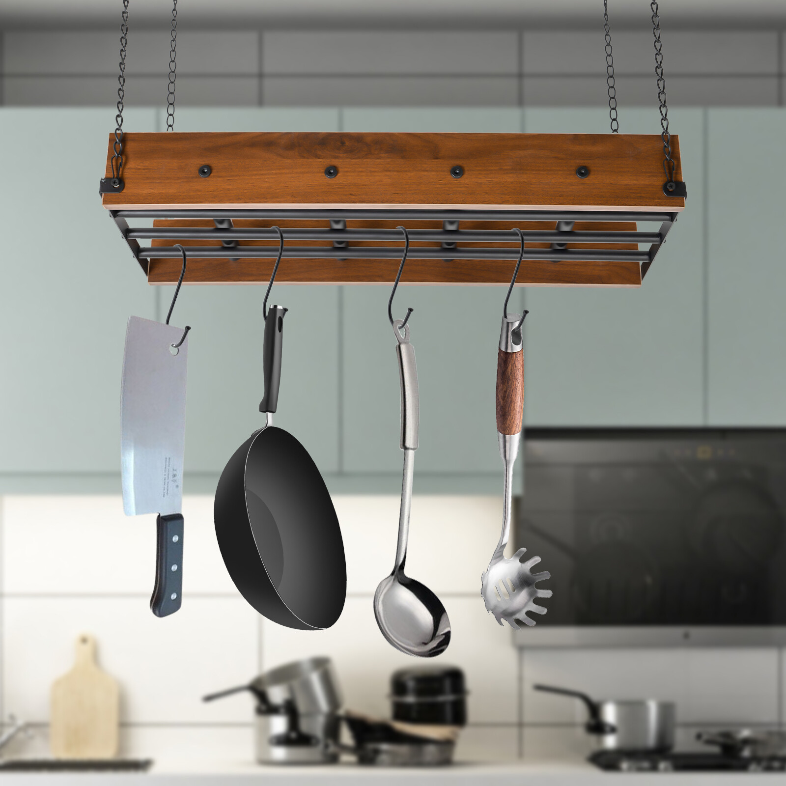 Black and Brown Ceiling Mounted Pot Rack Hanging Pots and Pans Organizer w/Hooks