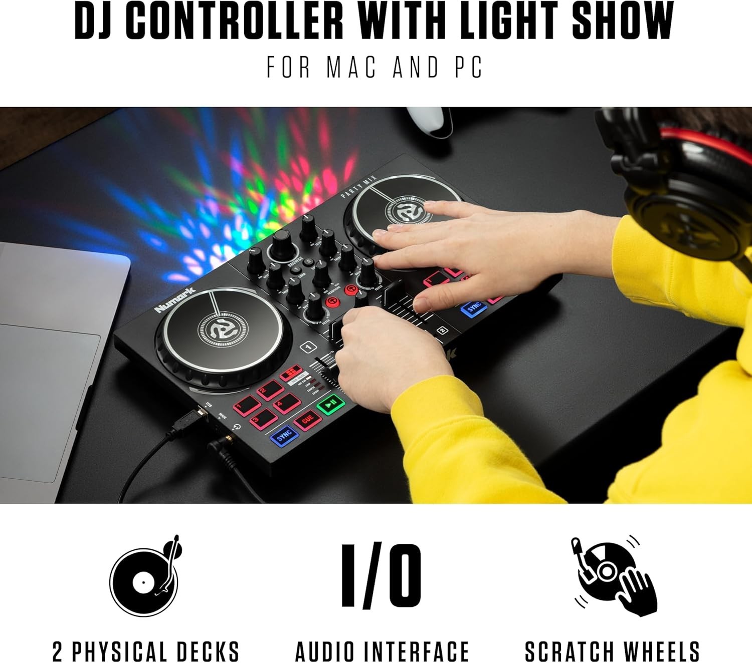 DJ Controller Plastic 2 Decks USB Interface Built-in Lights for Beginners