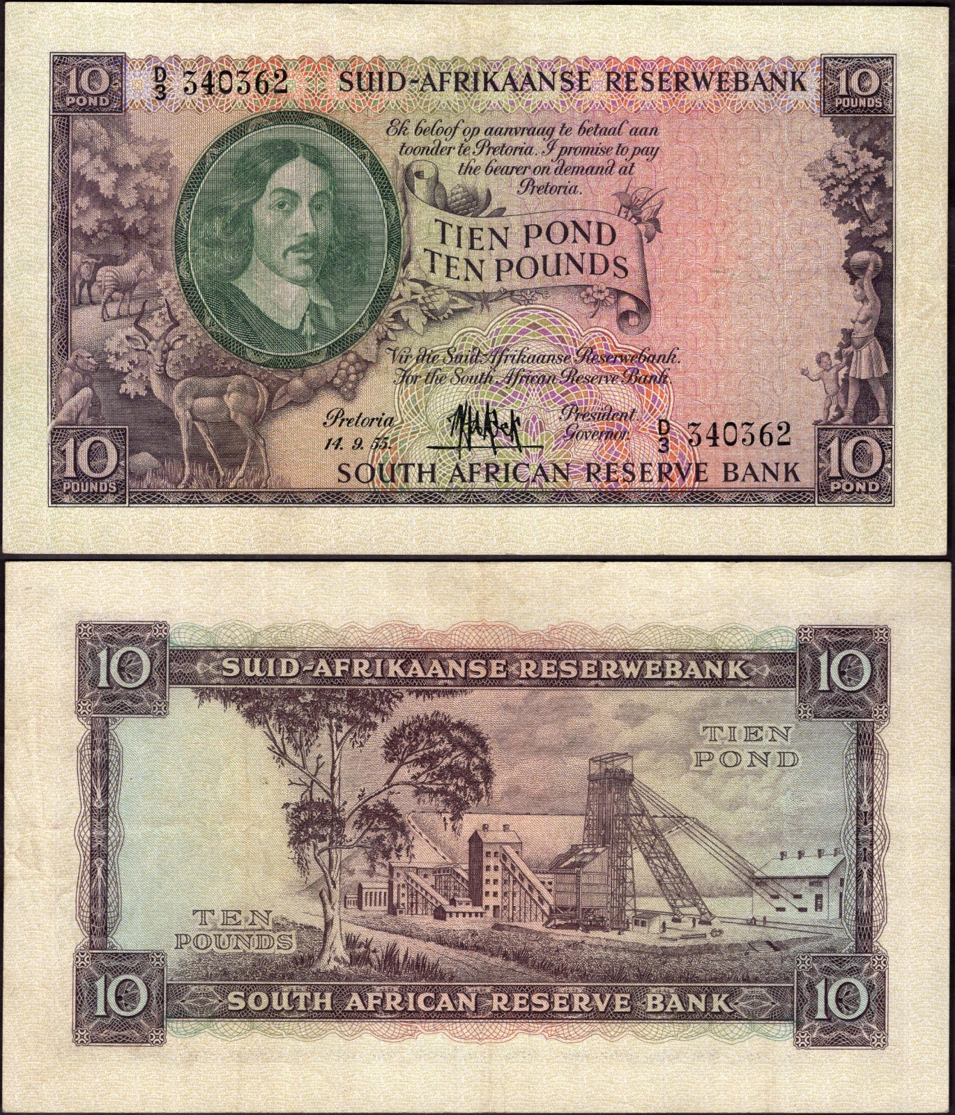 South Africa. Ten Pounds 14-9-1955 (WPM 99) D/3 340362 Crisp GVF.