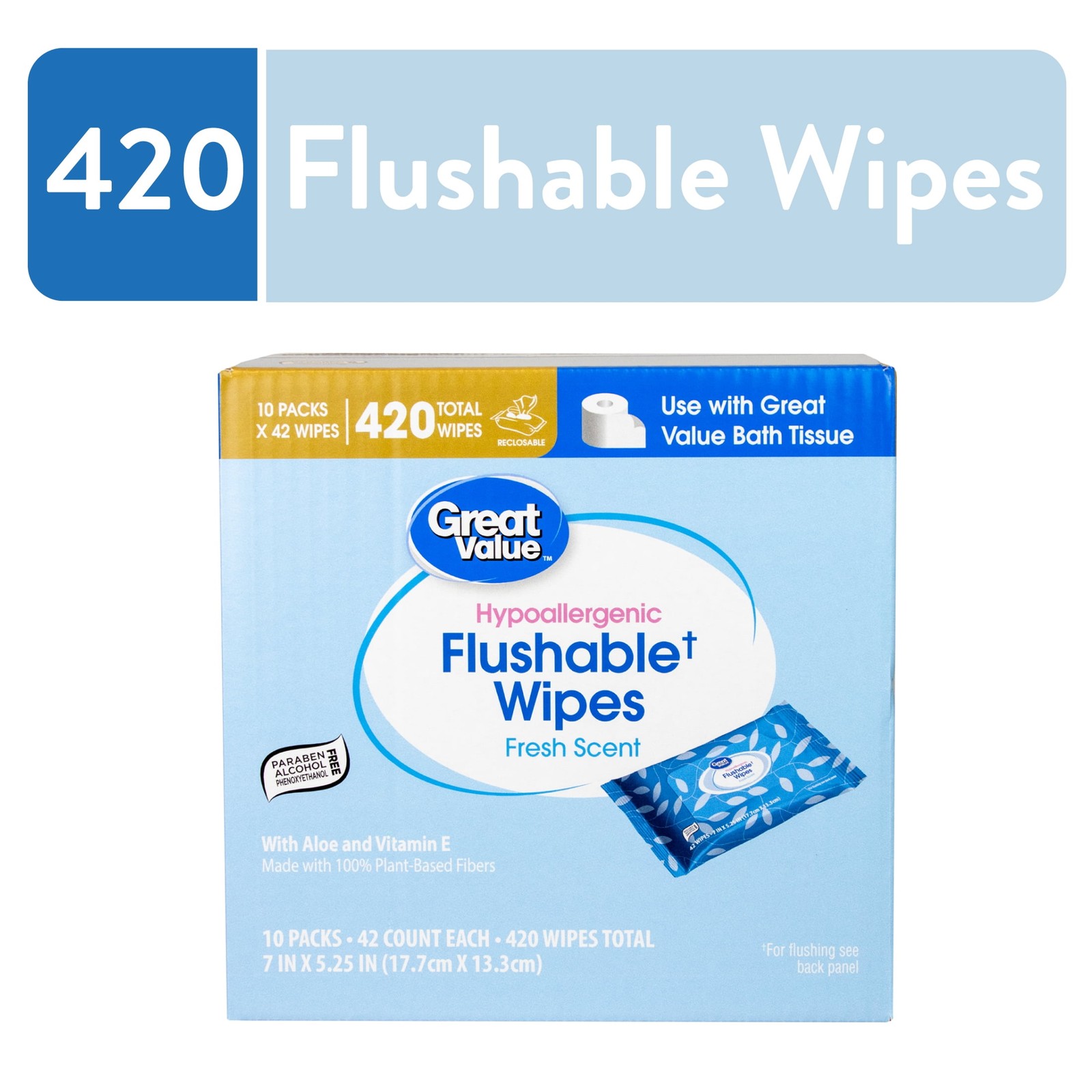 Fresh Scent Flushable Wipes, 10 Resealable Packs, 420 Total Flushable