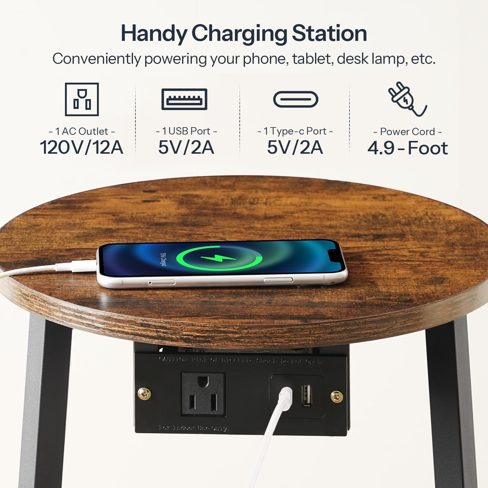 Small Round Side Table with Charging Station, Round End Table with Cotton Lin...
