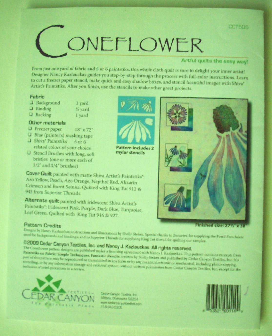 Artful Coneflower Quilt Pattern and 2 Mylar Stencils