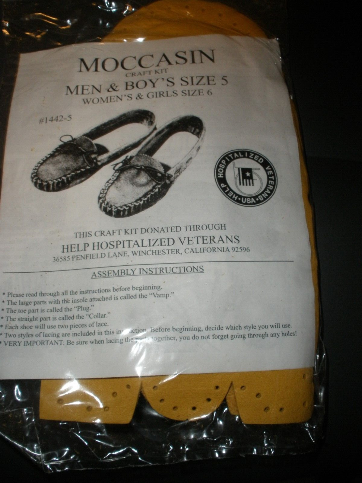 NEW Moccasin Craft Kit Men & Boy's Size 5, Women's & Girls Size 6 Light Color