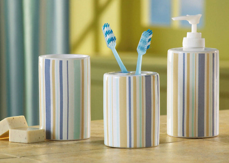 Toothbrush Holder, Cup, Bath Set Blue Striped Ceramic Bathroom Sink Set 3-piece.