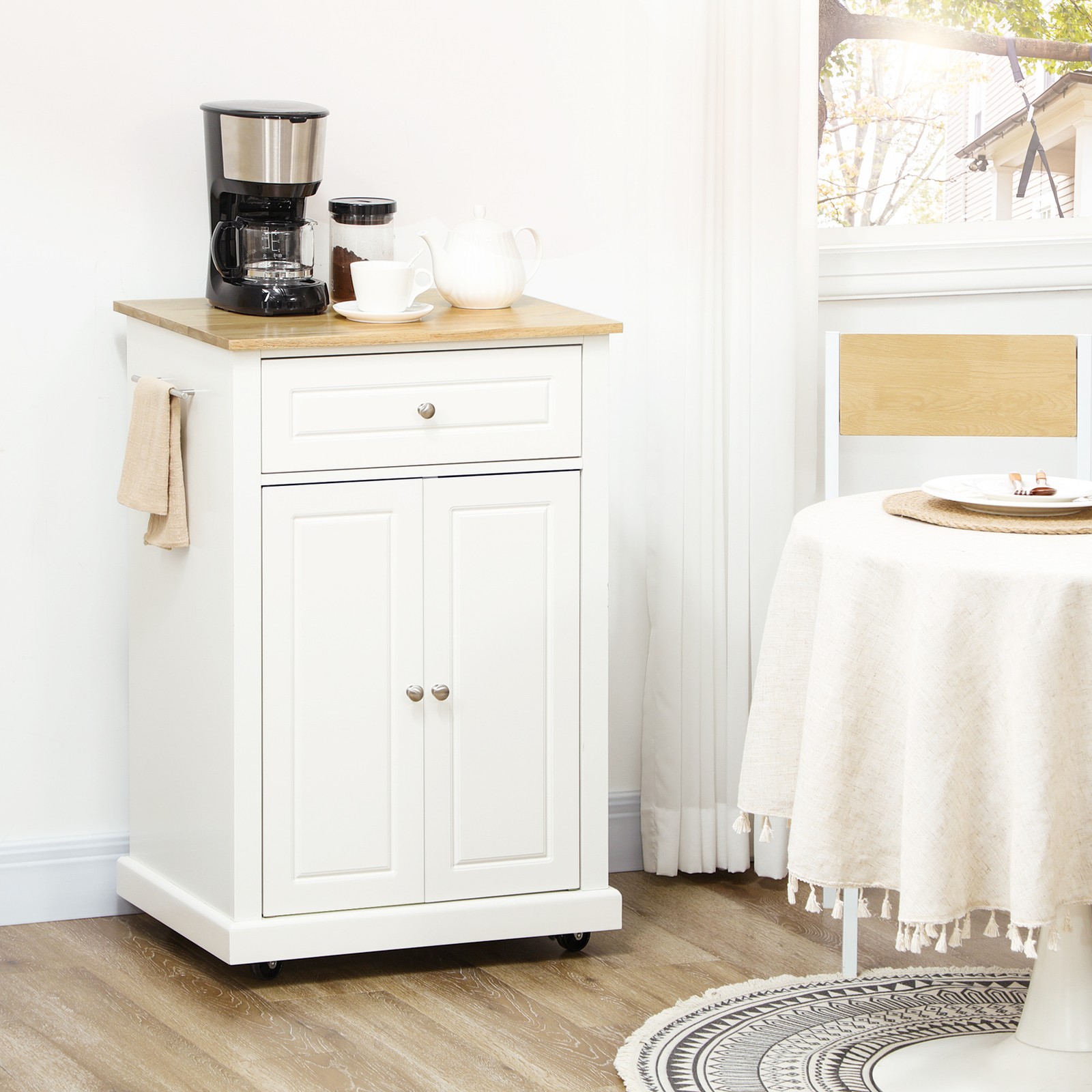 Modern Rolling Kitchen Island Storage Cart w/ Drawer & Adjustable Shelf, White