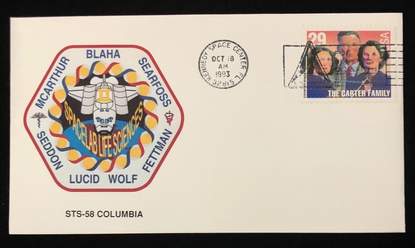 THE CARTER FAMILY STAMP CANCELLED @ KENNEDY SPACE CENTER STS-58 COLUMBIA COVER