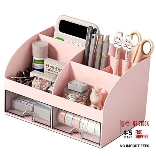 COMFYROOM Desk Organizer with 6 Compartments and 2 Drawers, Plastic Makeup Pink