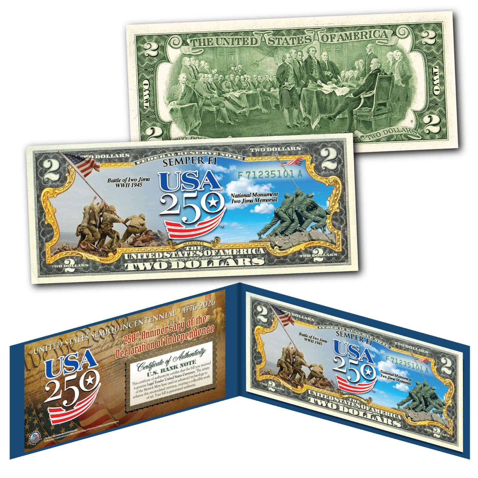 MARINES - USA America 250 Anniversary WWII Iwo Jima Genuine $2 U.S. Bill