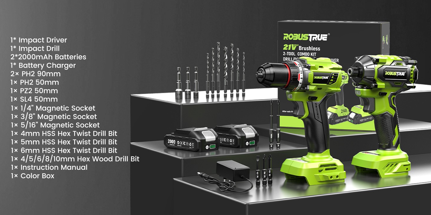 Robustrue 21V Cordless Drill & Impact Driver Combo Tool Set,