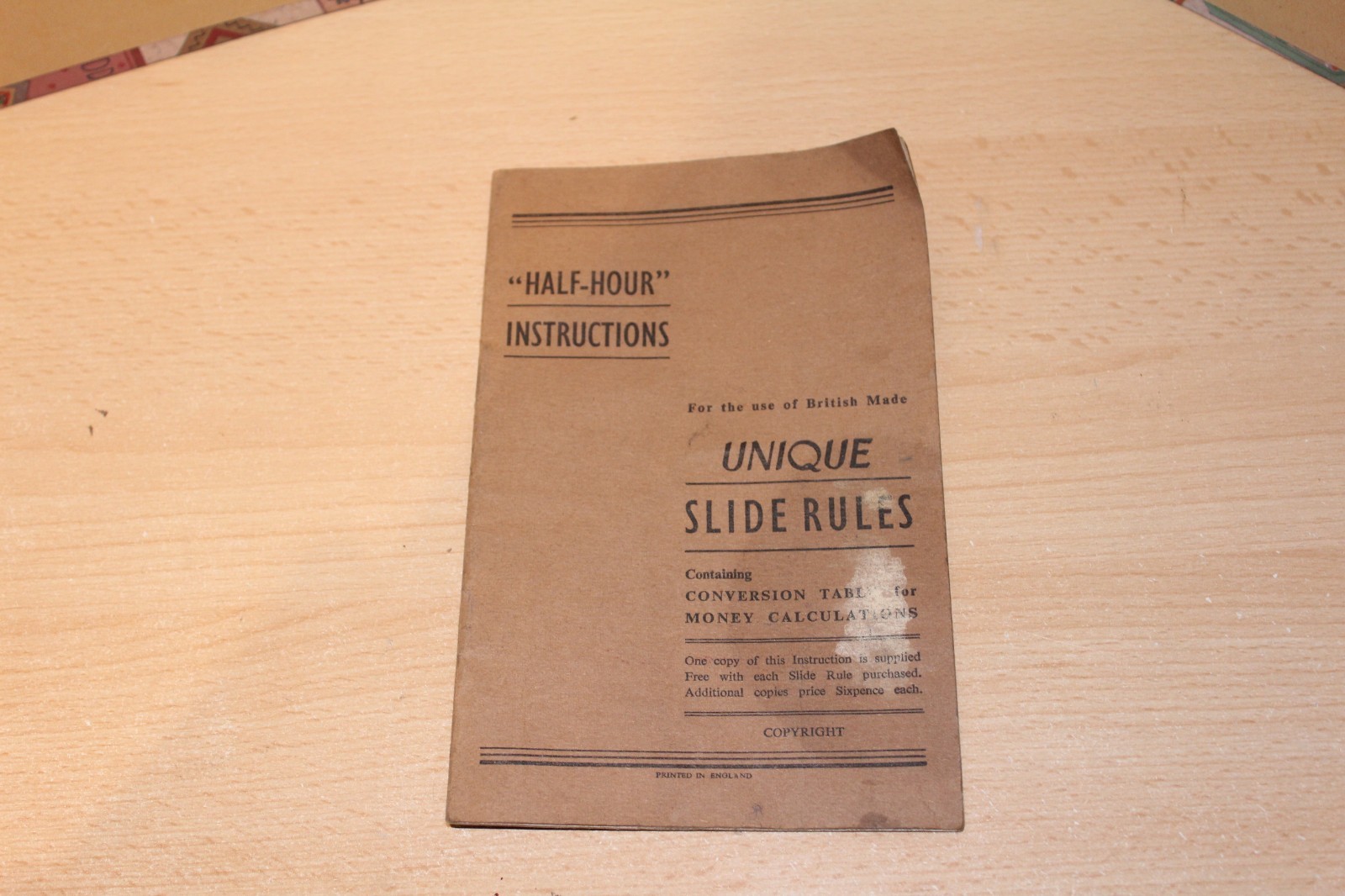 UNIQUE SLIDE RULES "HALF-HOUR" INSTRUCTIONS BOOKLET - CONVERSION TABLE FOR MONEY
