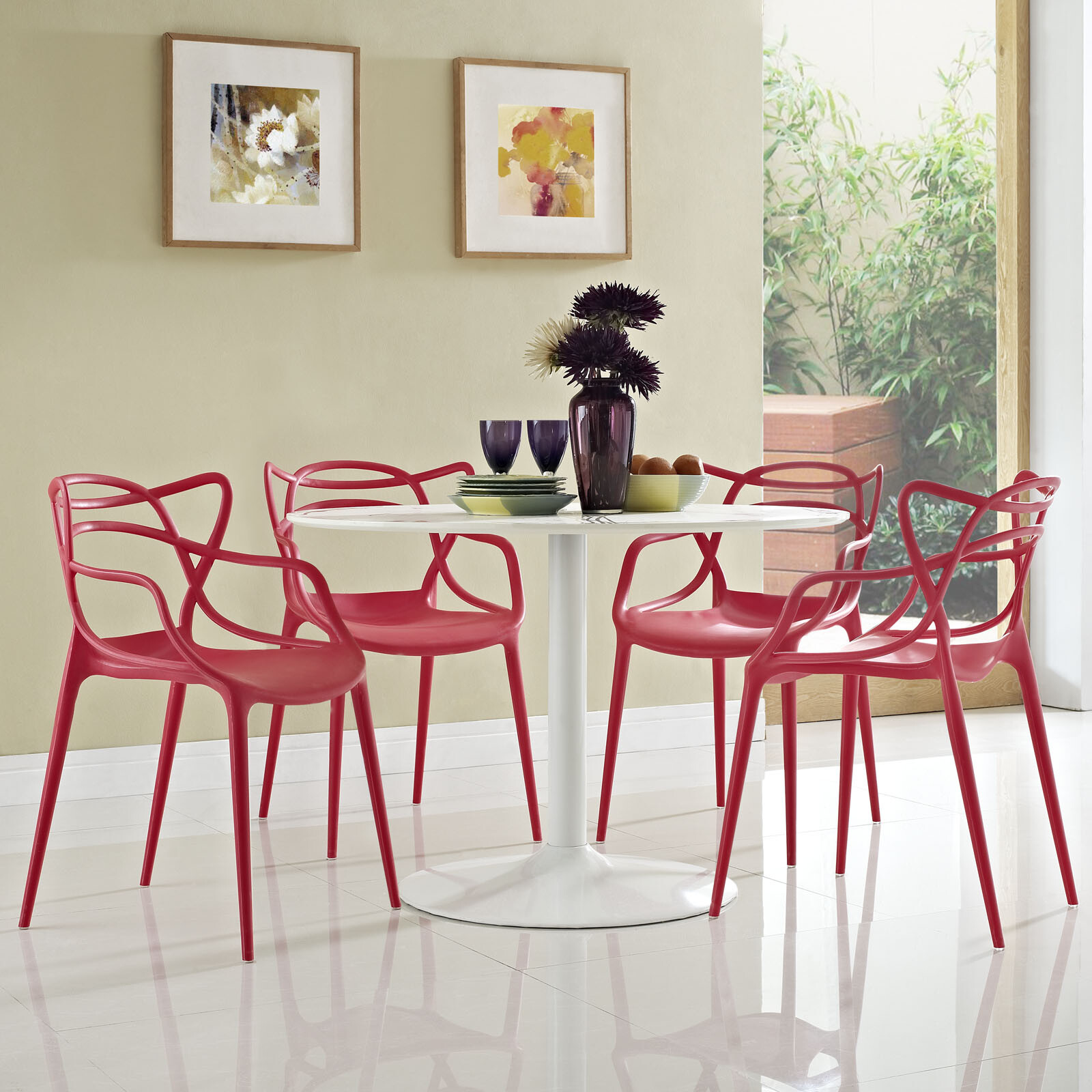 Modway Entangled Modern Molded Plastic Four Dining Armchairs in Red