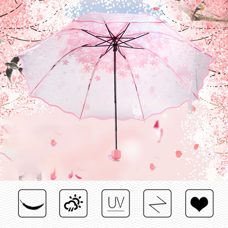 Lolita Girls Transparent Sakura 3 Folding Umbrella Women Wedding Rain Umbrella