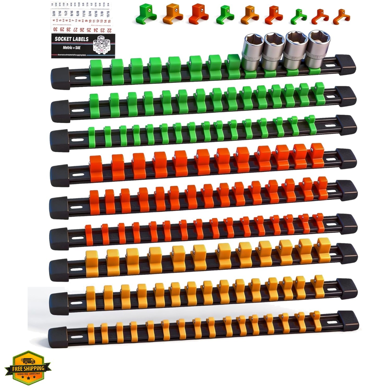 SWANLAKE Organizer Socket Holder, 9PCS 1/4-Inch x 48 Clips, 3/8-Inch x 45 Cli...