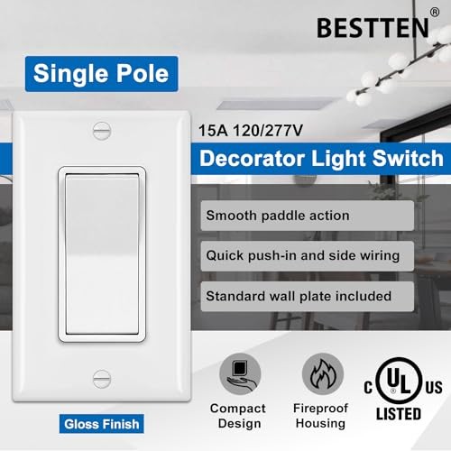 Pack Decorator Light Switch with Wallplate, 15A 120/277V, Single Pole 10 white