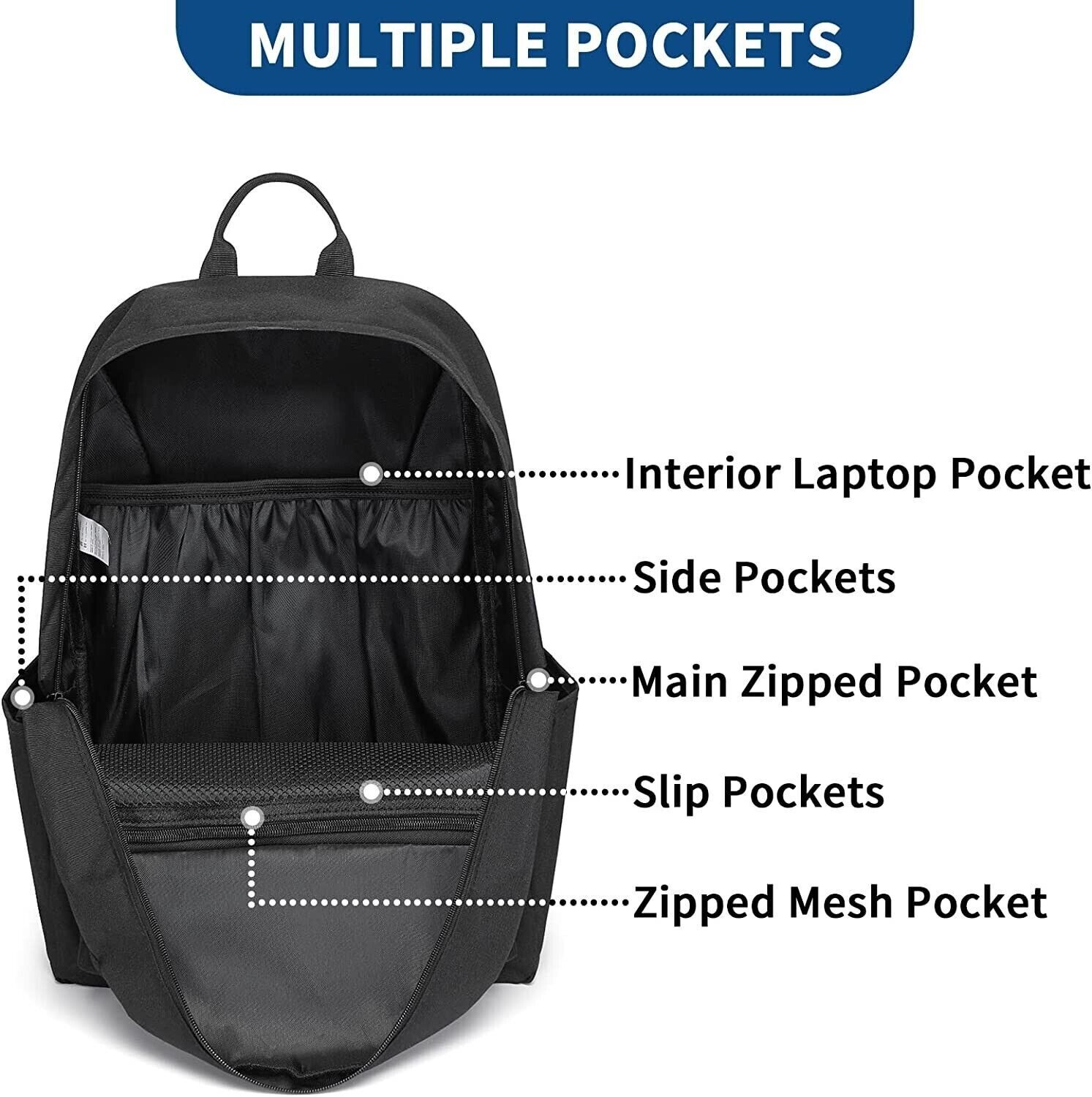 KONO School Backpack College Rucksack Lightweight Bag Black