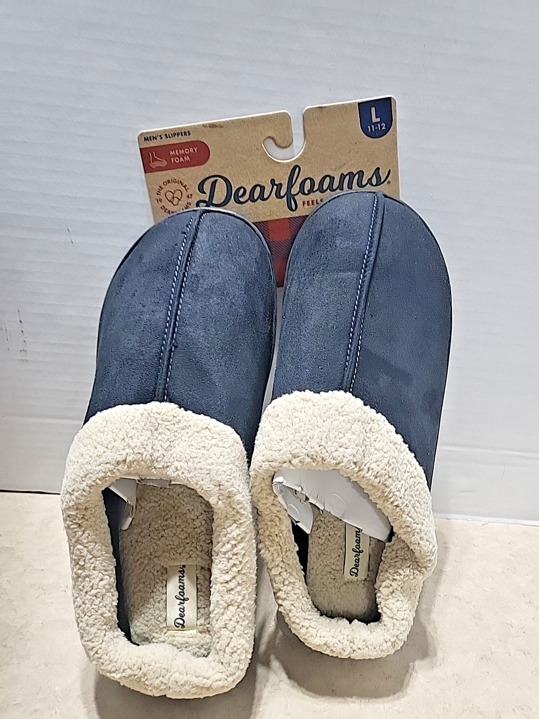 Dearfoam Mens Size L (11-12) Black FAUX Leather Slippers W/Sherling Trim/Insole