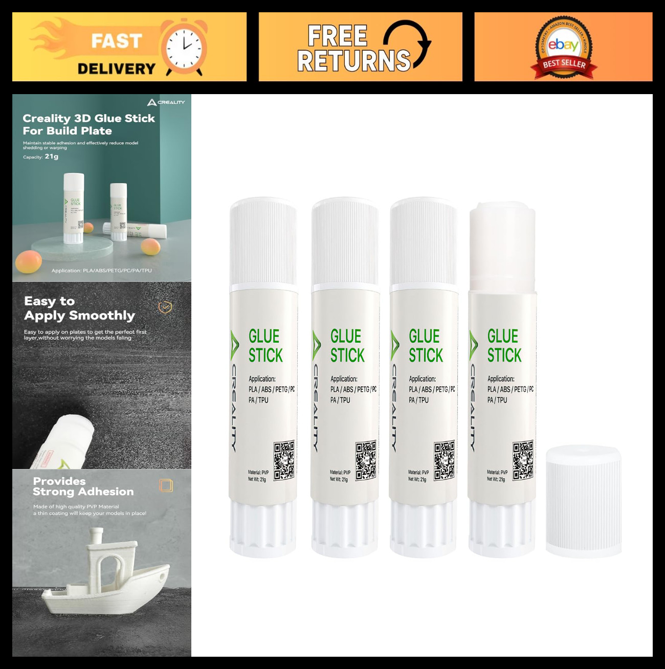 3D Printer Glue Sticks - PVP Adhesive for Hot Bed Build Plate, 4 Pack, Reduces W