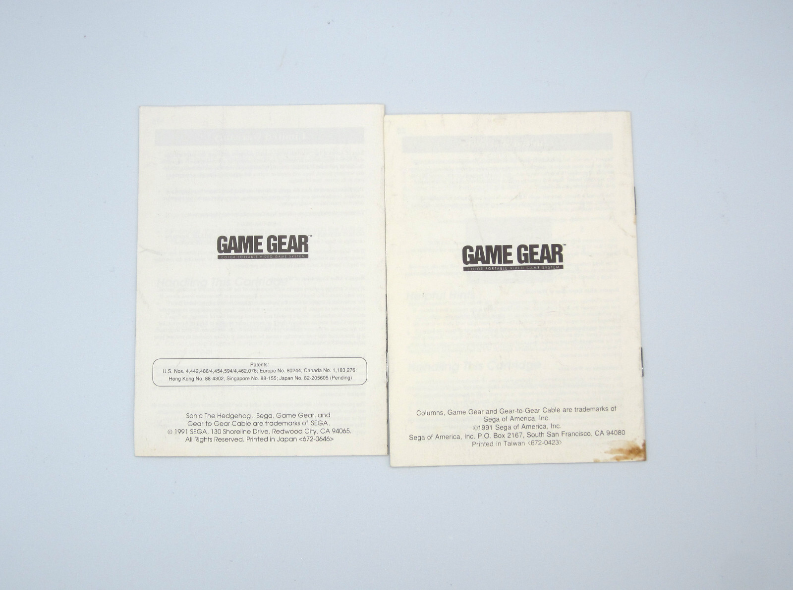 Sega Game Gear Instruction Manuals Sonic the Hedgehog Columns