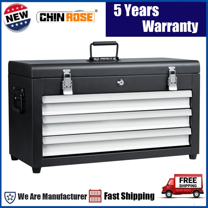 21.8-inch Metal Tool Box with 3 Drawers and Black Organizer Storage Heavy Duty
